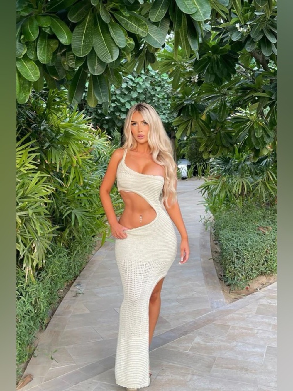 Fashion Nova Knit Asymmetrical Cut Out Maxi Dress Cream / Metallic Gold Size S